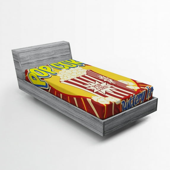 Retro Fitted Sheet, Vintage Grunge Pop Corn Commercial Print Old Fashioned Cinema Movie Film Snack, Soft Decorative Fabric Bedding, Twin XL Size, Multicolor, by Ambesonne