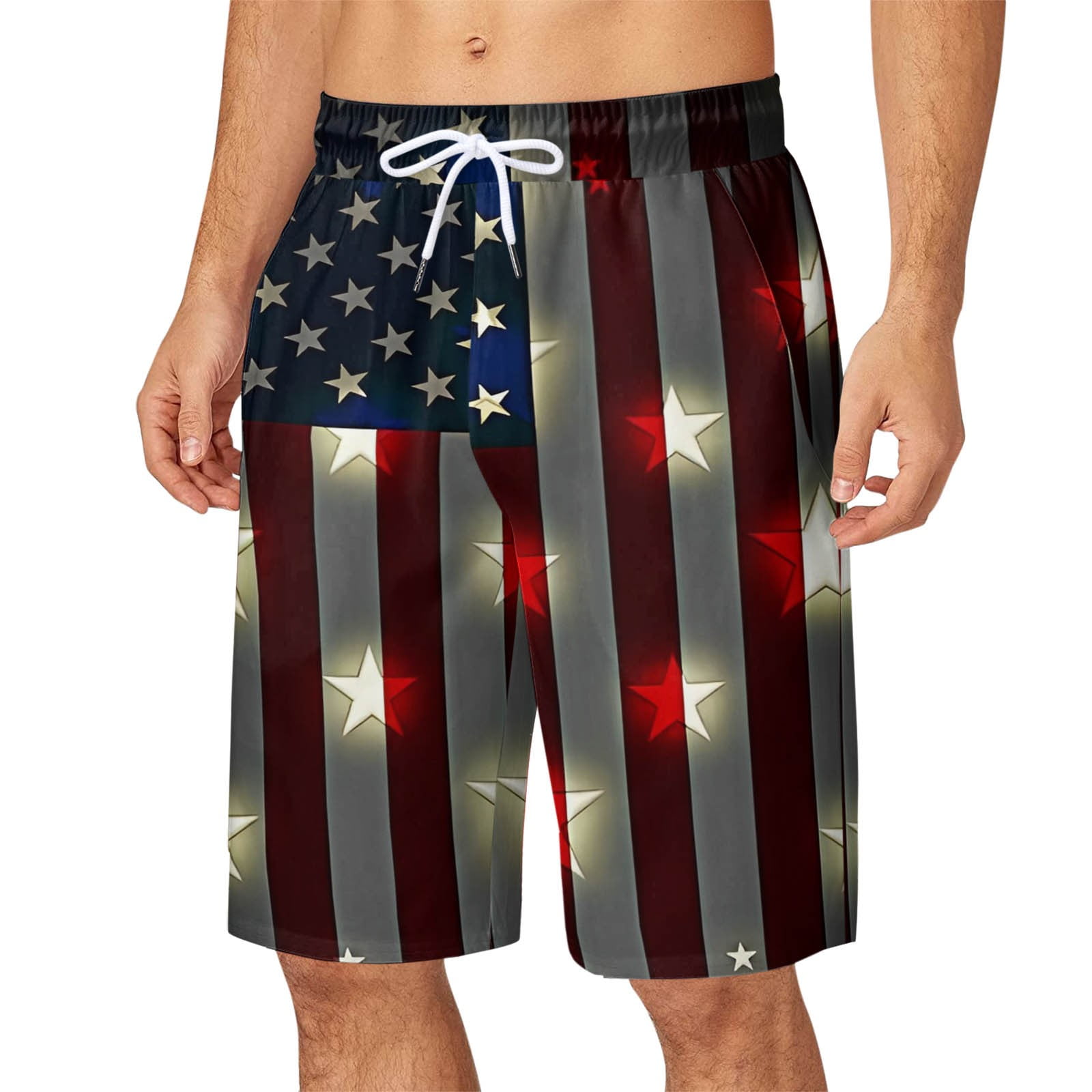 Retro Flag Print Mens Swim Trunks Patriotic 5 inch Inseam Quick Dry