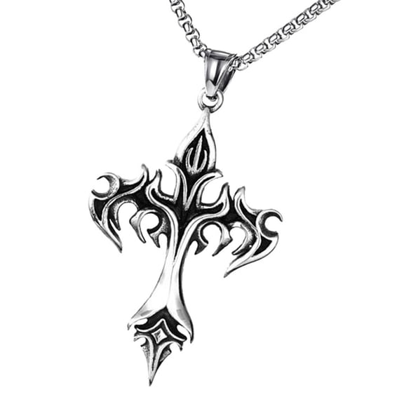 Retro Flame Crucifix Pendant Necklace Handmade Neckchain for Women Men Stylish Metal Pendant Collarbone Chain