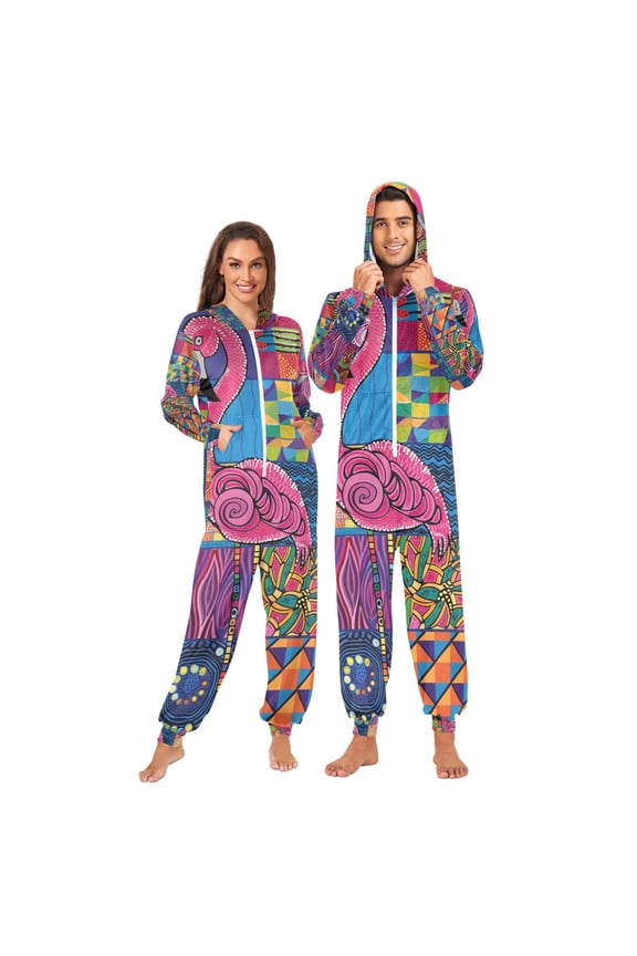 Retro Flamingo Adult Onesie Pajamas Slim Fit Christmas One Piece Suit Pjs for Women and Men Hooded Zipper