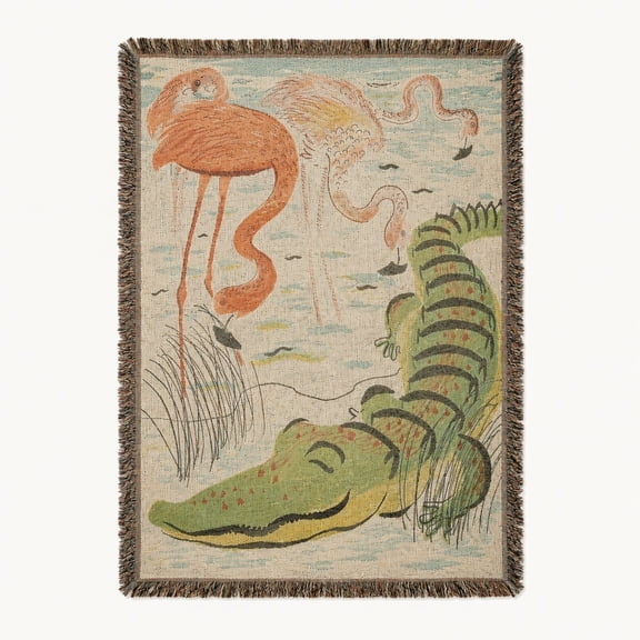 Retro Flamingo Alligator Woven Cotton Throw Blanket with Fringe
