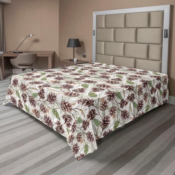Ambesonne Retro Flat Bedding Sheet Soft Top Sheet, Watercolor Fir Cones Plot, King, Dark Rosewood and Sage Green
