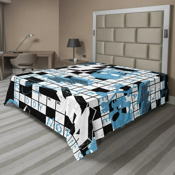 Ambesonne Retro Flat Sheet, Crossword Pattern Skull Bolts, California King, Blue Black and White