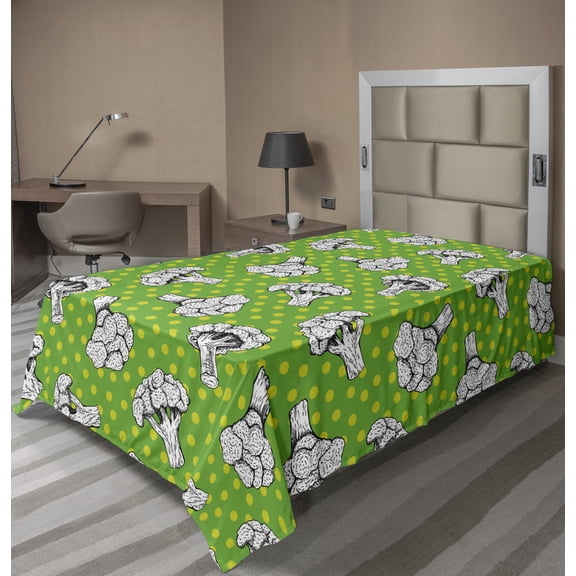 Ambesonne Retro Flat Sheet, Digital Drawings of Broccoli, Twin Size, Fern Green Yellow White