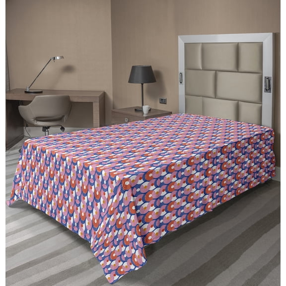 Retro Flat Sheet, Disc Shaped Funky Circles Pop Art Overlapping Geometric Creative Ovals, Soft Comfortable Top Sheet Decorative Bedding 1 Piece, 6 Sizes, Pink Vermilion and Blue, by Ambesonne