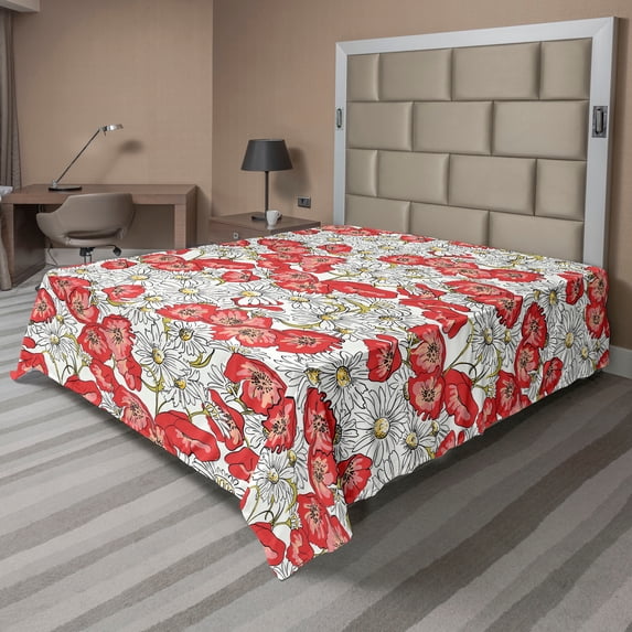 Retro Flat Sheet, Flora Theme Hand-Drawn Repetitive Chamomile and Poppy Flowers Plain Back, Soft Comfortable Top Sheet Decorative Bedding 1 Piece, Full Size, Dark Coral Pale Yellow, by Ambesonne