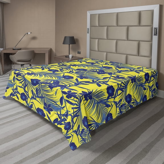 Retro Flat Sheet, Hawaiian Forest Pattern with Tropical Leaves and Flowers Exotic Island, Soft Comfortable Top Sheet Decorative Bedding 1 Piece, 6 Sizes, Yellow and Night Blue, by Ambesonne