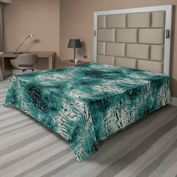 Ambesonne Retro Flat Bedding Sheet Soft Top Sheet, Vintage Abstract Pattern Plot, Queen, Dark Teal and Cadet Blue