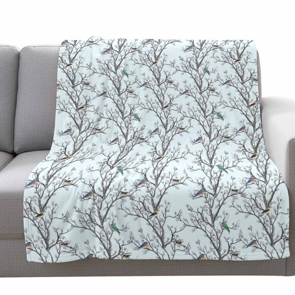 Retro Fleece Throw Blanket Lightweight Nature Tree Branches Texture Colored Birds Light Blue Fuzzy Flannel Throws Super Soft Cozy Flannel Blanket for Couch, Sofa, Bed, Travel 40"x50"