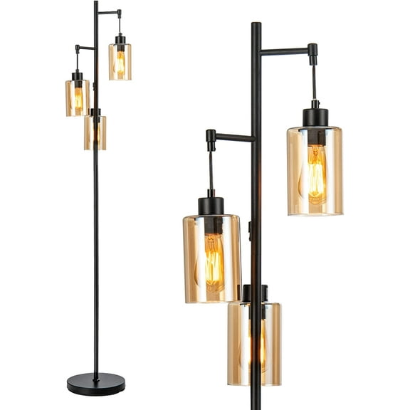 Retro Floor Lamp with 3-Head Hanging Amber Glass Shade, Foot Switch, Metal Base, Industrial for Living Room Bedroom Office (Black)