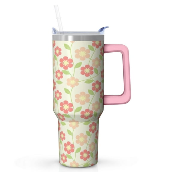 Retro Floral 40 oz Tumbler with Handle and Straw, Pink Vintage Flower Insulated Coffee Mug, Stainless Steel Travel Cup for Women