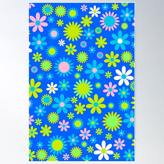 Retro Floral 6 | Blue, Green And White Daisy Pattern | Funky Hippy | Flower Power Poster Wall Art, Modern Wall Decor For Living Room Bedroom, 12x18 UNFRAMED