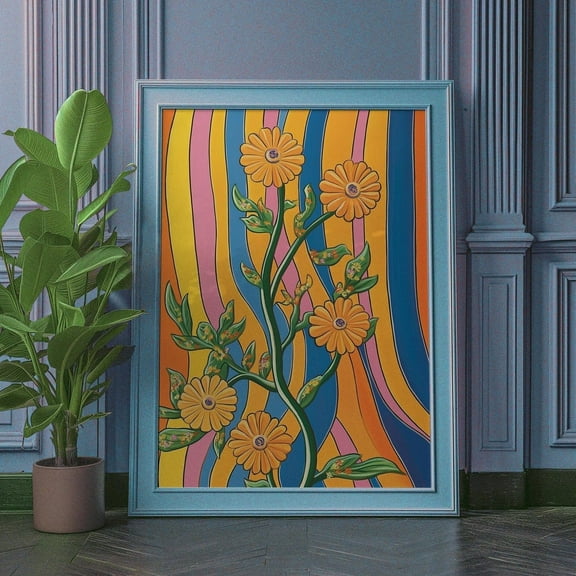 Retro Floral 70s Hippie Home Art, Stretched Canvas 12x16in