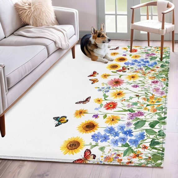 Retro Floral Area Rugs 3x5 ft Sunflower Daisy Wildflowers Country Rustic Plant Washable Rug Non Slip Indoor Carpet Absorbent Floor Mat for Living Room Bedroom Dining Room