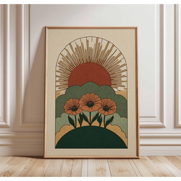 Retro Floral Art 70s Psychedelic Sun Boho Decor Sunshine Glow, Unframed Canvas