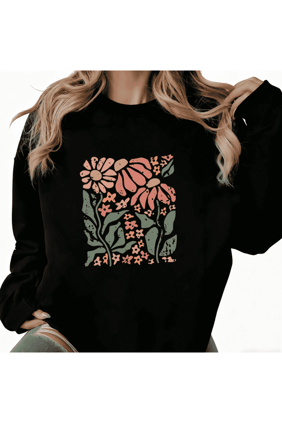 Women's Black Retro Distressed Floral Art Pattern Artistic Niche Design Trendy Casual Sweatshirt S-3XL