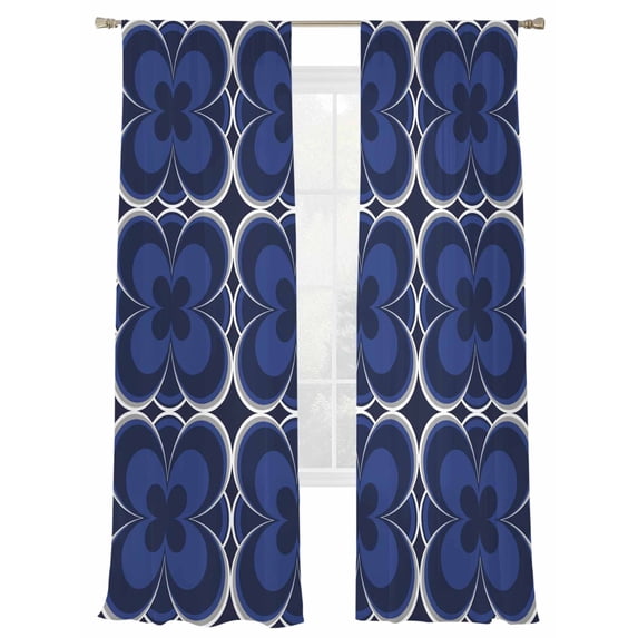 Retro Floral Art Sheer Curtains 84 Inch Long 2 Panels, Blue Flowers Minimalist Classic Texture Light Filtering Rod Pocket Semi Sheer Curtains, Sheer Voile Drapes for Living Room Bedroom, 52"x84"