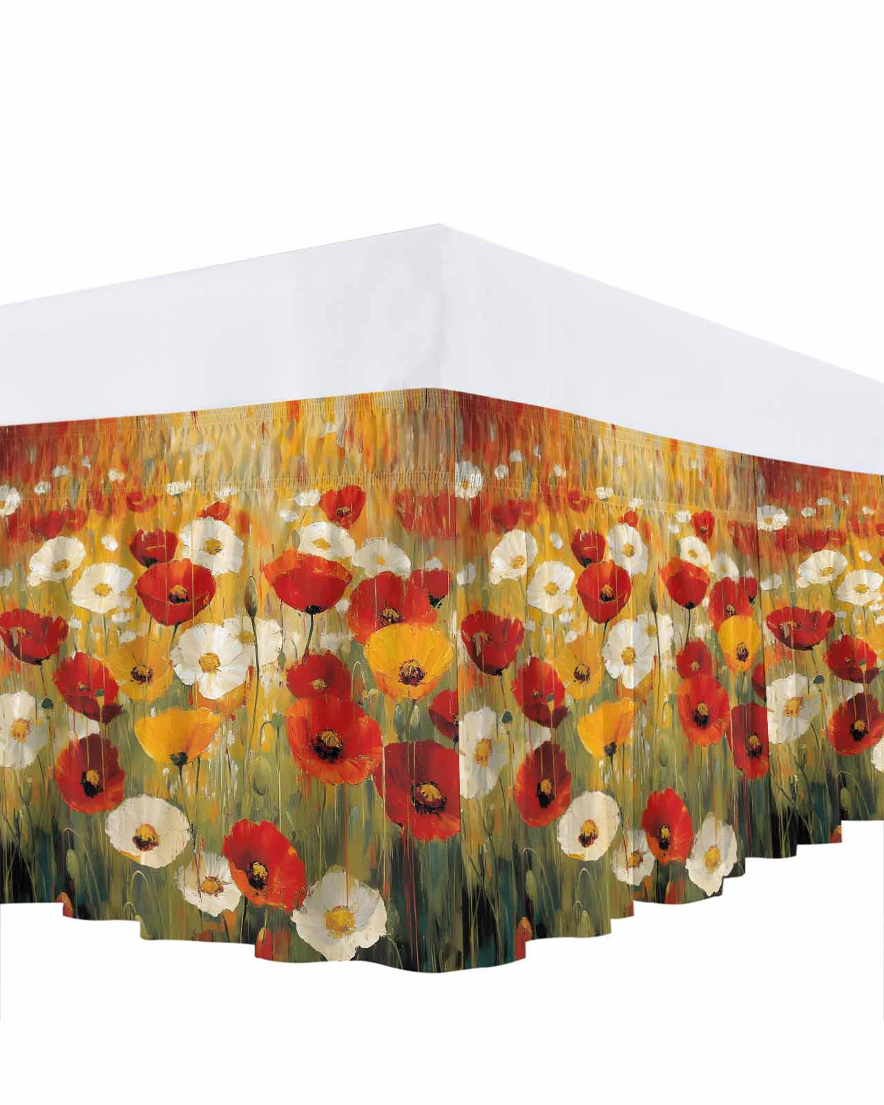 Retro Floral Bed Skirt Red White Yellow Poppy Flowers Oil Painting Bed Skirts King Size 18 Inch Drop, Wrap Around Dust Ruffle&nbsp;Bedskirt with Adjustable Elastic Belt for Queen Size Beds