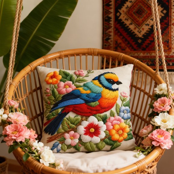 Retro Floral Bird Print Pillow Cover Velvet Cushion Case for Sofa Living Room Decor Simulated Embroidery Home Accent(D)