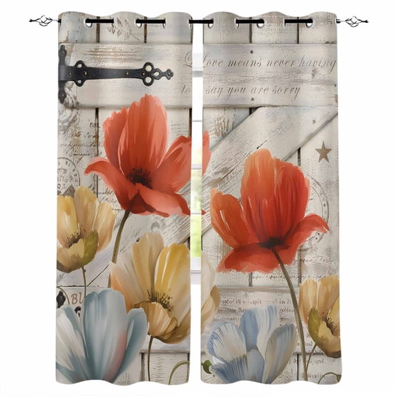 Retro Floral Black Out Curtains 84 Inch Long for Living Room, Red Yellow Tulips Barm Doors Farmhouse Wooden Blackout Curtain Shade Thermal Insulated Window Curtains Grommet Drapes 42"x84" 2 Panels