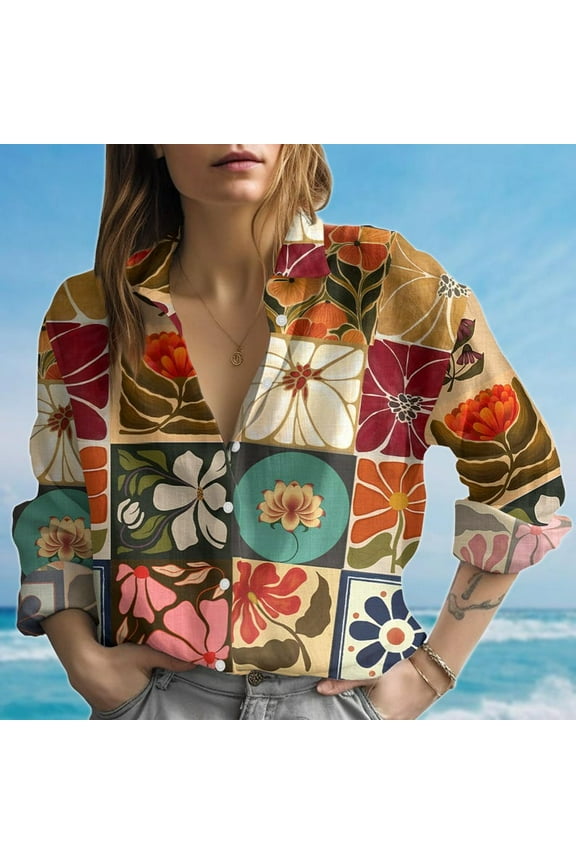 , Colorful Flower Button Up Women, Vintage Aesthetic Women's Casual Shirt, Boho Spring Summer Shirt, Gift For Her