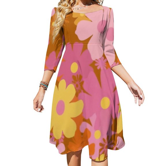 Retro Floral Brown Background Design Sweetheart Knot Flared Dress Fashion Design Large Size Loose Dress Spring Summer Women Dress