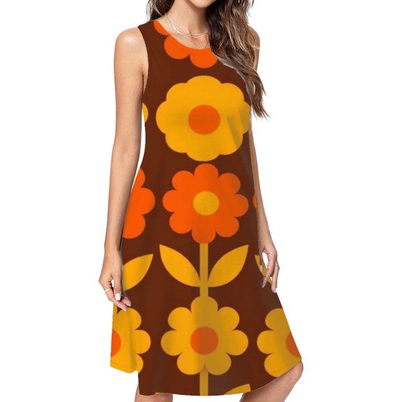 Retro Floral Brown Orange Pattern Spring Summer Dresses For Women Fashion Dress Casual Sleeveless Loose Sundress With Pockets