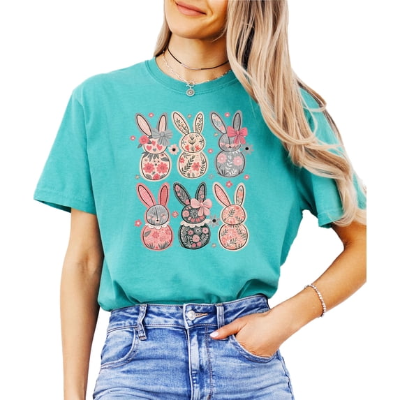 Retro Floral Bunnies Shirt for Women and Teens Girly Coquette Easter Bunny Tee Seafoam Shirt Adult X-Large