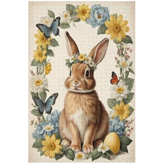 Retro Floral Bunny 1000 Piece Jigsaw Puzzle for Adults, Vintage Spring Bunny Artwork, Challenging Family Entertainment Game, Calm Focus Activity & Rustic Home Wall Decor
