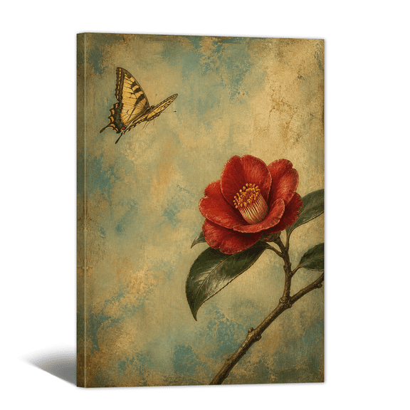 Retro Floral Canvas Wall Art Red Camellia Winged Butterfly Picture Prints, Nature Plant Artwork Paintings for Living Room Bedroom Farmhouse Apartment Home Wall Decor
