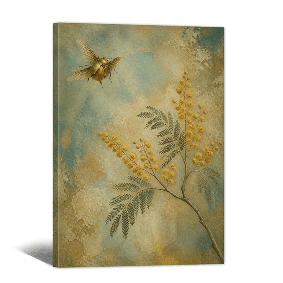 Retro Floral Canvas Wall Art Yellow Mimosa Beetle Insect Picture Prints, Nature Plant Artwork Paintings for Living Room Bedroom Farmhouse Apartment Home Wall Decor