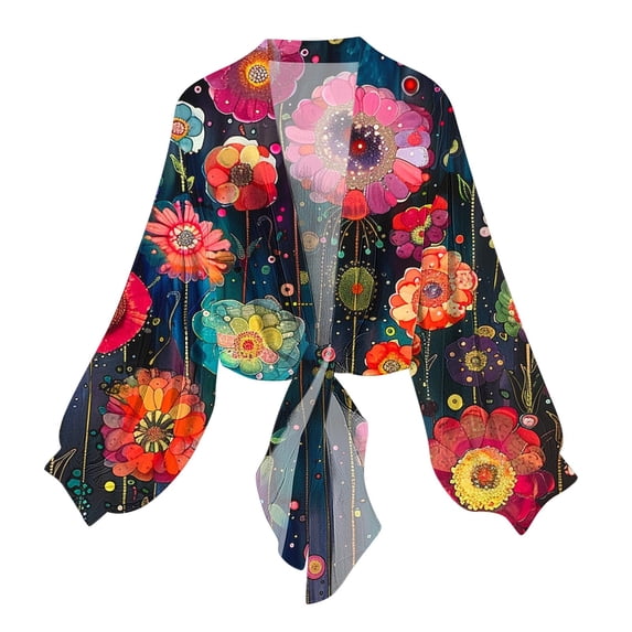 Retro Floral Chiffon Cardigans Womens Tie Front Sheer Cardigan Cover Ups Lightweight Lantern Sleeve Elegant Shirt Tops Black, XL
