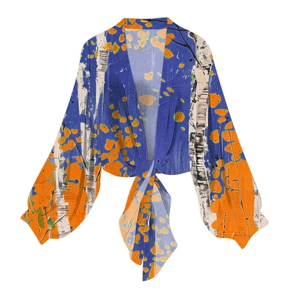 Retro Floral Chiffon Cardigans Womens Tie Front Sheer Cardigan Cover Ups Lightweight Lantern Sleeve Elegant Shirt Tops Blue, L