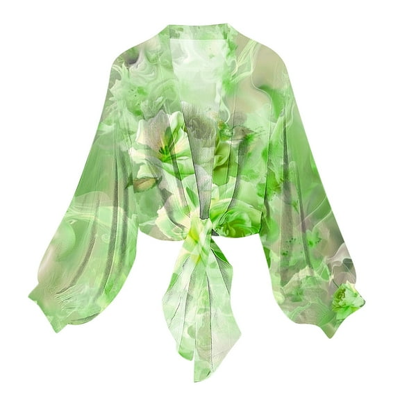 Retro Floral Chiffon Cardigans Womens Tie Front Sheer Cardigan Cover Ups Lightweight Lantern Sleeve Elegant Shirt Tops Green, L