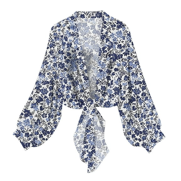 Retro Floral Chiffon Cardigans Womens Tie Front Sheer Cardigan Cover Ups Lightweight Lantern Sleeve Elegant Shirt Tops Light Blue, L