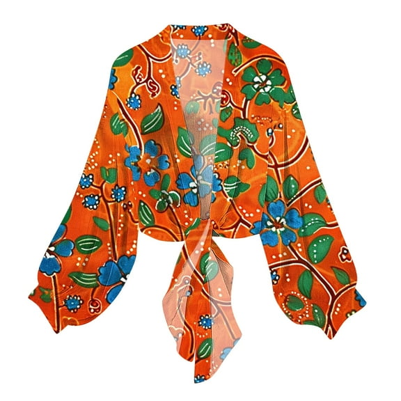 Retro Floral Chiffon Cardigans Womens Tie Front Sheer Cardigan Cover Ups Lightweight Lantern Sleeve Elegant Shirt Tops Orange, M