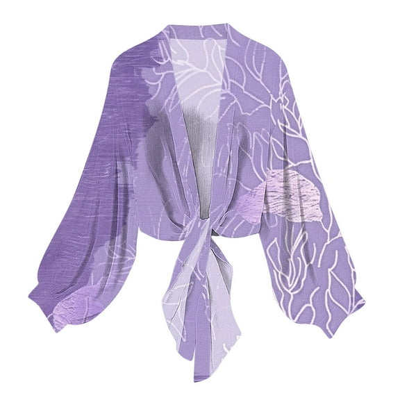 Retro Floral Chiffon Cardigans Womens Tie Front Sheer Cardigan Cover Ups Lightweight Lantern Sleeve Elegant Shirt Tops Purple, S