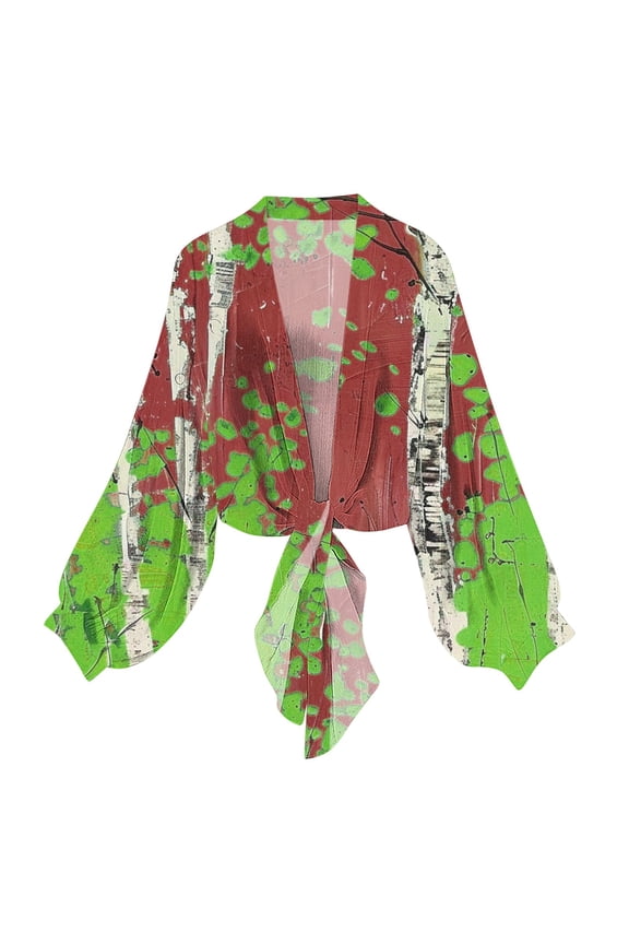 Retro Floral Chiffon Cardigans Womens Tie Front Sheer Cardigan Cover Ups Lightweight Lantern Sleeve Elegant Shirt Tops Wine, L