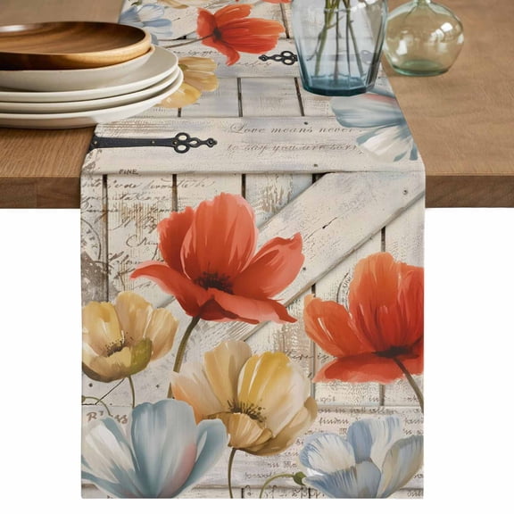 Retro Floral Cotton Linen Table Runner for Dining Kitchen, Red Yellow Tulips Barm Doors Farmhouse Wooden Wedding Outdoor Party Tablerunners, Dresser Scarf Coffee Tablecloth Runners 13x36 Inches
