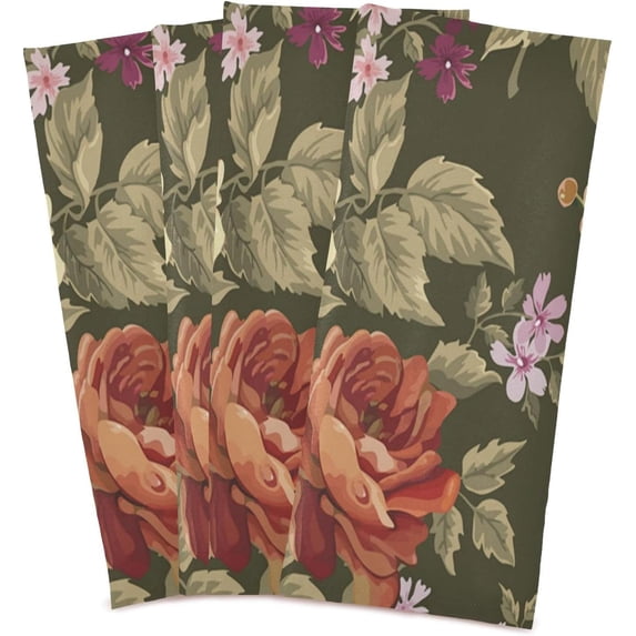 Retro Floral Dish Towels Set of 4, Red Flowers Washable Tea Towels Dishcloths Lint-Free 18x28 Inch Fast Drying for Kitchen Restaurant Bar Clean