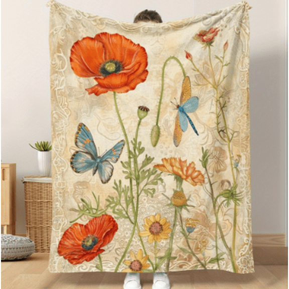 Retro Floral Dragonfly Poppy Print Flannel Blanket, Vibrant Multicolor Soft Throw, All-Season Warm 30s Yarn Blanket for Home Travel Camping Office, Ideal Gift