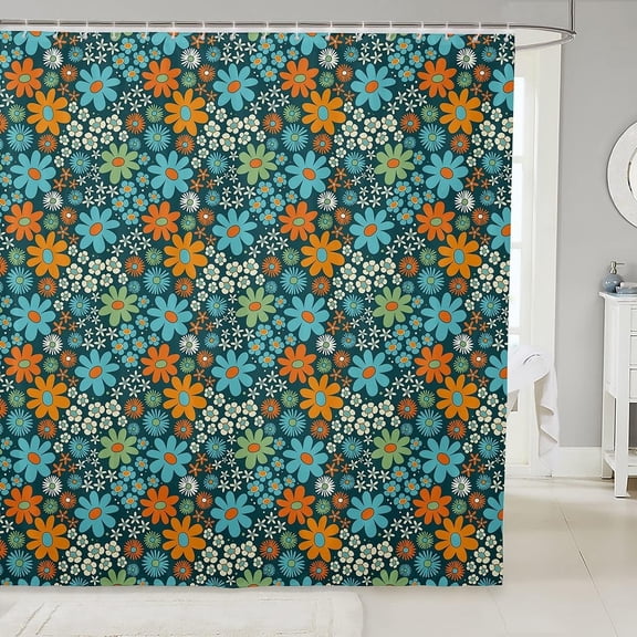 Retro Floral Fabric Shower Curtain 72" Wx72 L Vintage 70S 60S Groovy Bathroom Shower Curtain Sets Orange Blue Flowers Shower Curtain Boho Exotic Hippie Bathroom Accessories Aesthetic Home Decor
