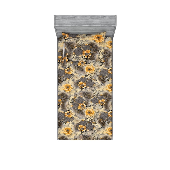 Retro Floral Fitted Sheet & Pillow Sham Set, Floral Pattern of Vintage Botanical Ornament Garden Romance, Decorative Printed 2 Piece Bedding Decor, Twin, Pale Orange Dimgray and Beige, by Ambesonne