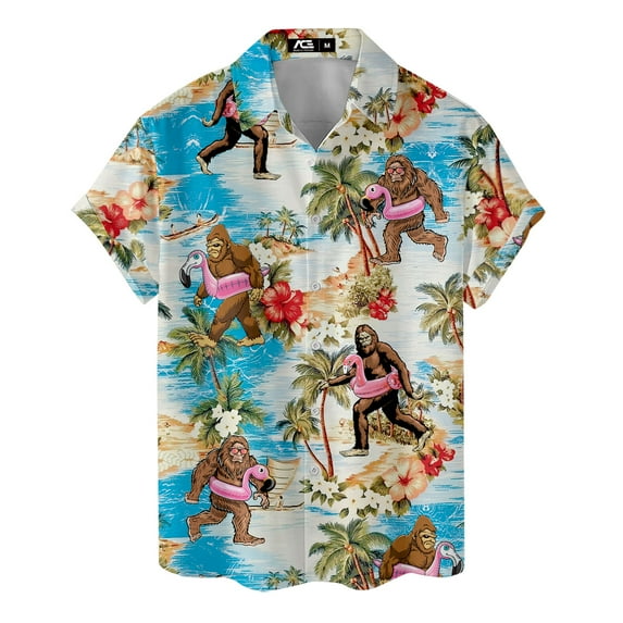 Retro Floral Flamingo Float Bigfoot Hawaiian Shirt For Men Sasquatch Mens Hawaiian Shirts Short Sleeve Button Down Shirt Men