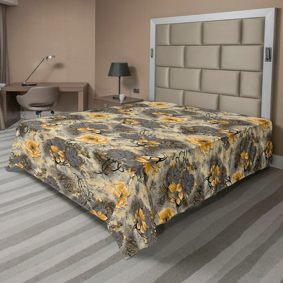 Ambesonne Retro Floral Flat Bedding Sheet Soft Top Sheet, Floral Vintage Botany, California King, Pale Orange Dimgray and Beige