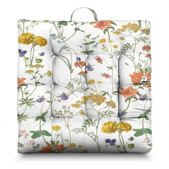 Retro Floral Floor Pillow - Supportive Square Zabuton with Small Country Garden Blooms