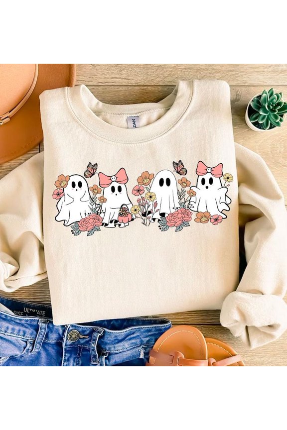 Retro Floral Ghosts Sweater, Cute Vintage Boujee Halloween Ghost with Flowers Spooky Vibes Sweatshirt