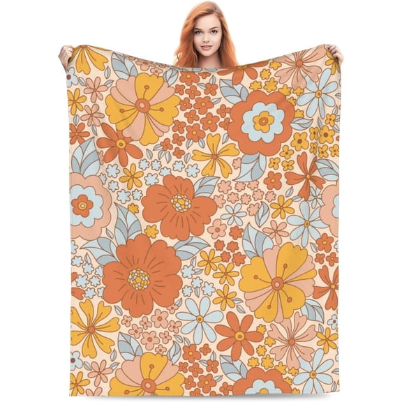 Retro Floral Hippie Summer Groovy Flower Blanket Boho Summer Retro Colours Flower Bouquet Light Valentine Day Gifts for Girls Women Soft Flannel Throw Blanket for Bed Home Sofa Decor 50"X40"
