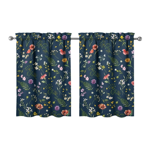 Retro Floral Kitchen Curtains 2 Piece Set - 27.5x36 Inch Bloom and Blossom Print, Semi-Sheer Tier Curtains with Rod Pocket