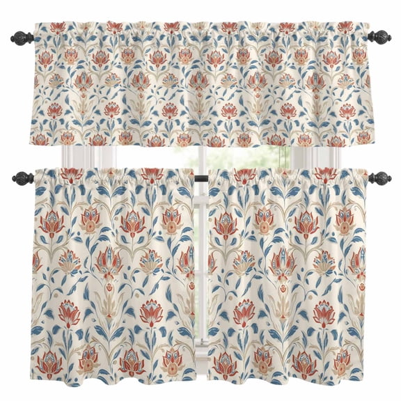 Retro Floral Kitchen Curtains Valances and Tiers Set of 3 Red Vintage Flower Branches Tier Curtains and Valance with Rod Pocket for Small Windows, 27.5"x24"